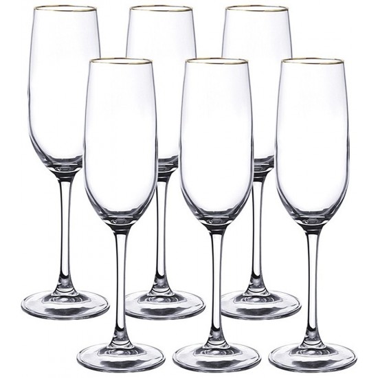 Jogo 6 Taças 200ml Para Champanhe Galáxia Borda Dourada de Cristal Ecológico